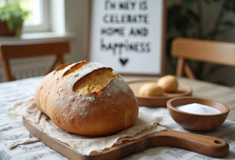 Fertige Tischdekoration für den Einzug mit Brot, Salz und einem Zitat über das neue Zuhause.