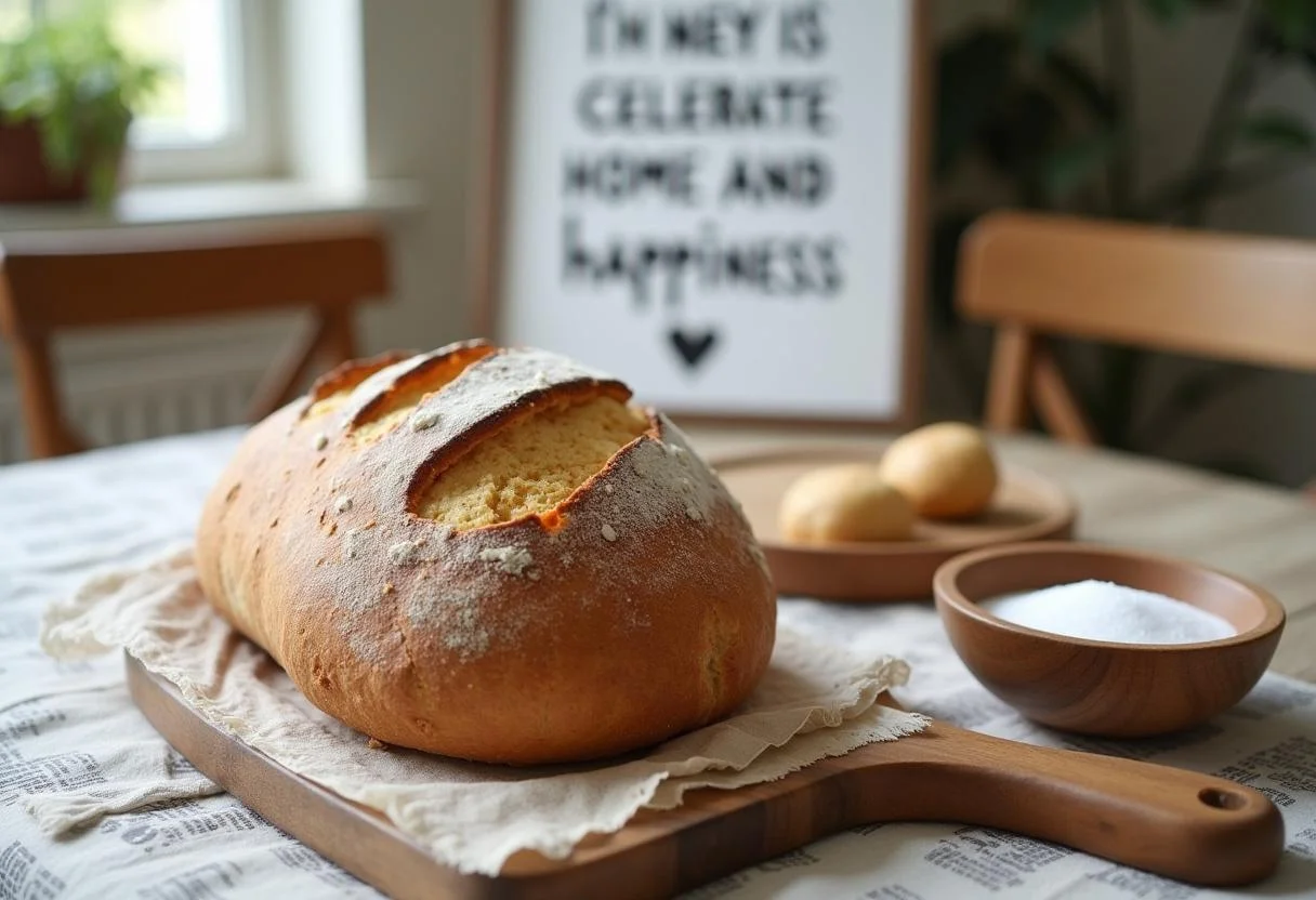 Fertige Tischdekoration für den Einzug mit Brot, Salz und einem Zitat über das neue Zuhause.