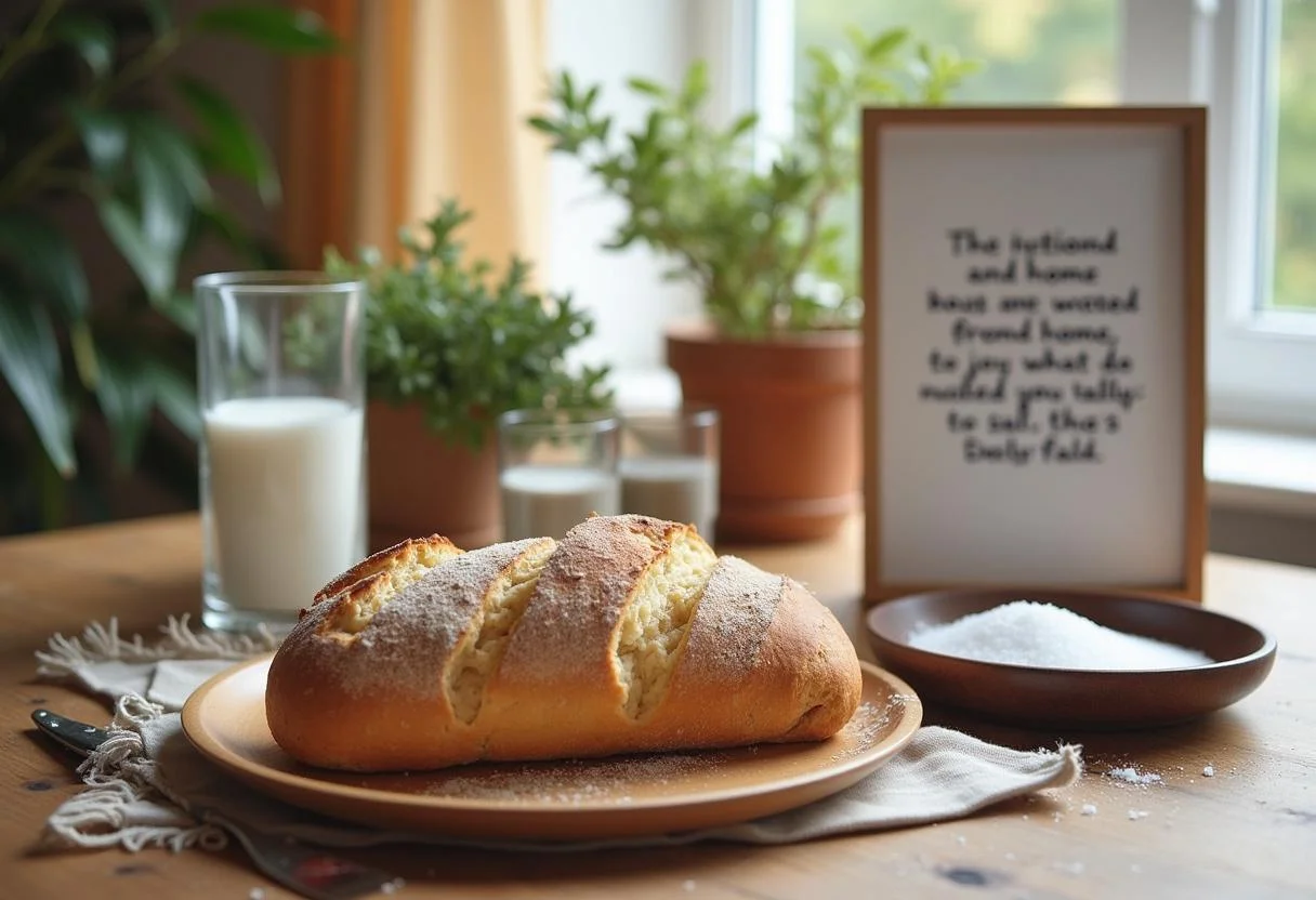 Fertige Tischdekoration für den Einzug mit Brot, Salz und einem Zitat über das neue Zuhause.