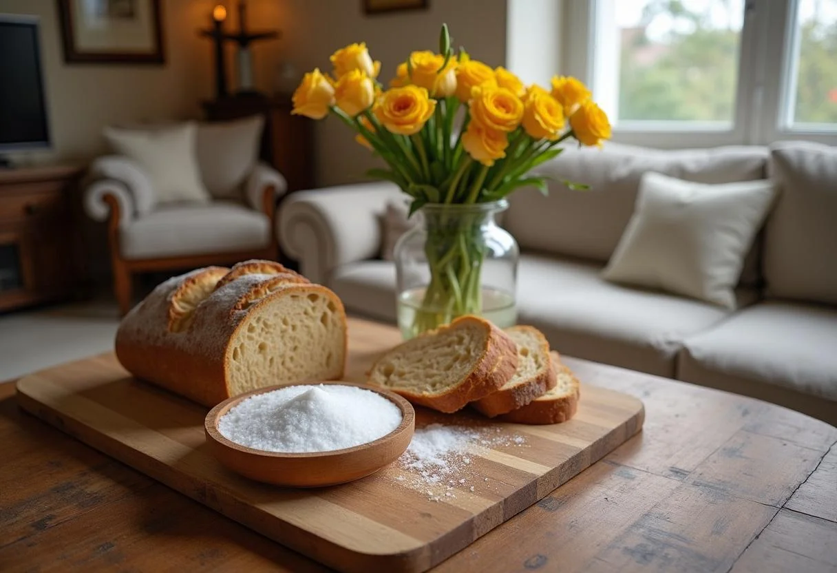 Gemütliches Wohnzimmer mit Brot, Salz und Blumen als Einzug Spruch Symbolik.