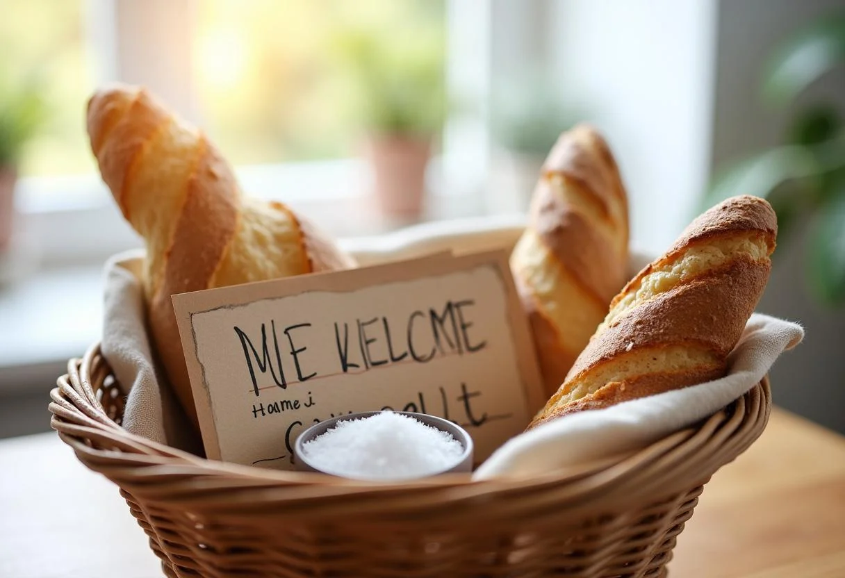 Eingang zu einem neuen Zuhause mit Brot, Salz und einer herzlichen Nachricht im Korb.