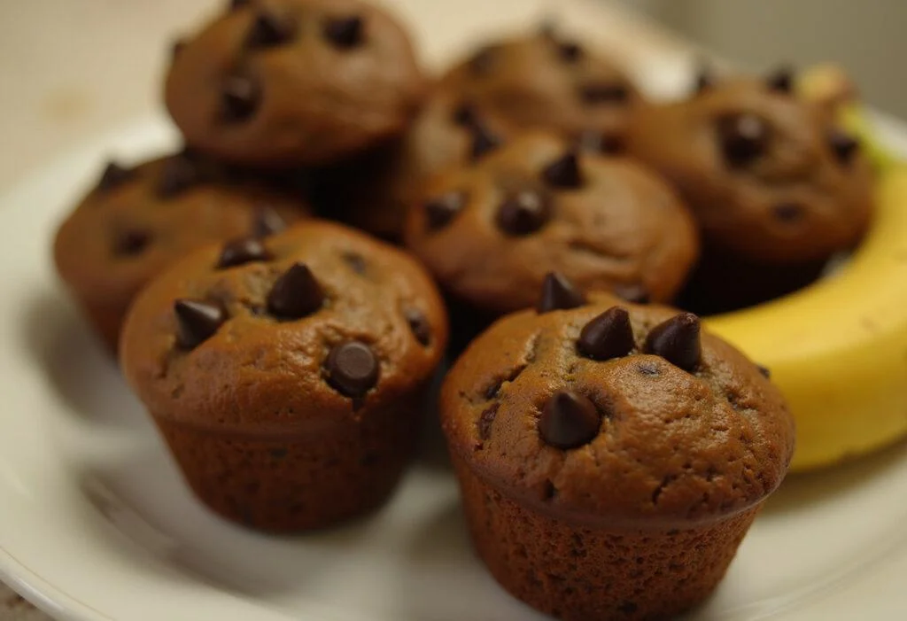Fertige Schoko Bananen Muffins, saftig und lecker, ideal für jeden Anlass.