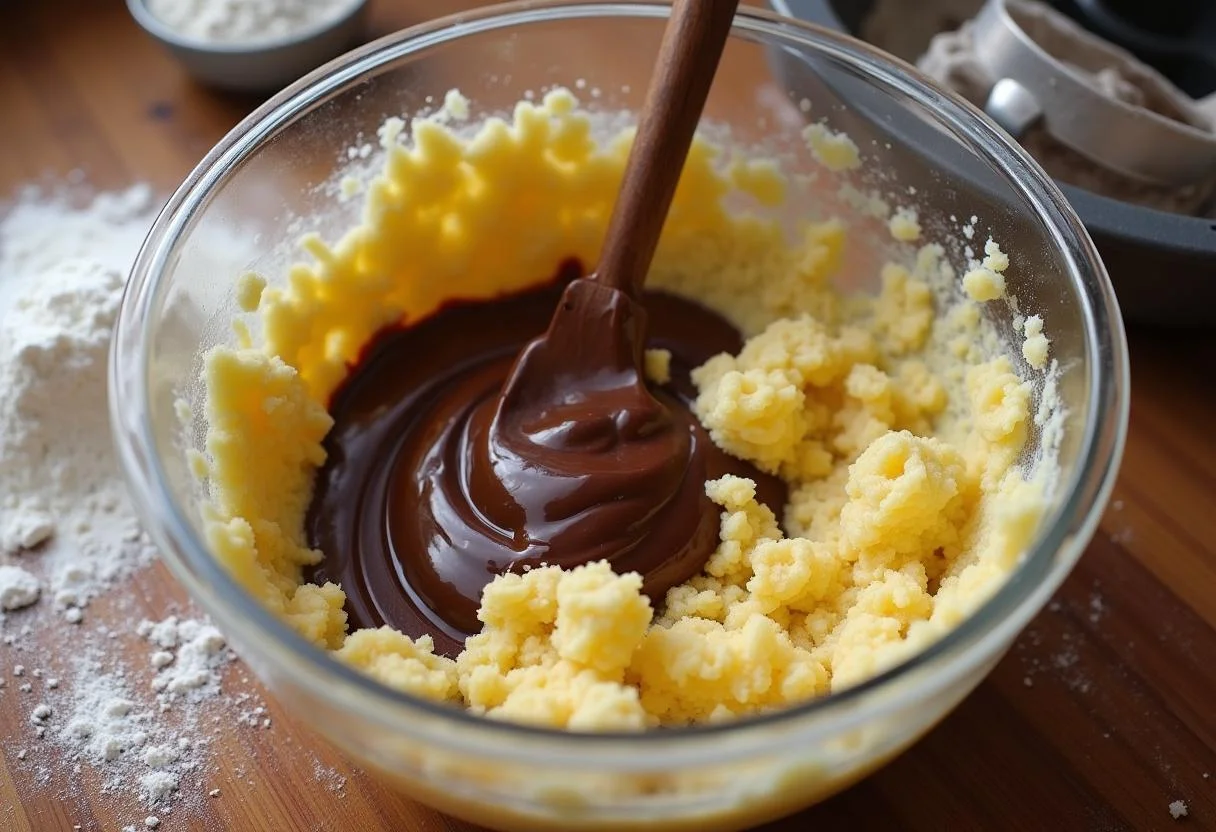 Schoko Bananen Mischung in einer Schüssel zur Zubereitung von saftigen Muffins.