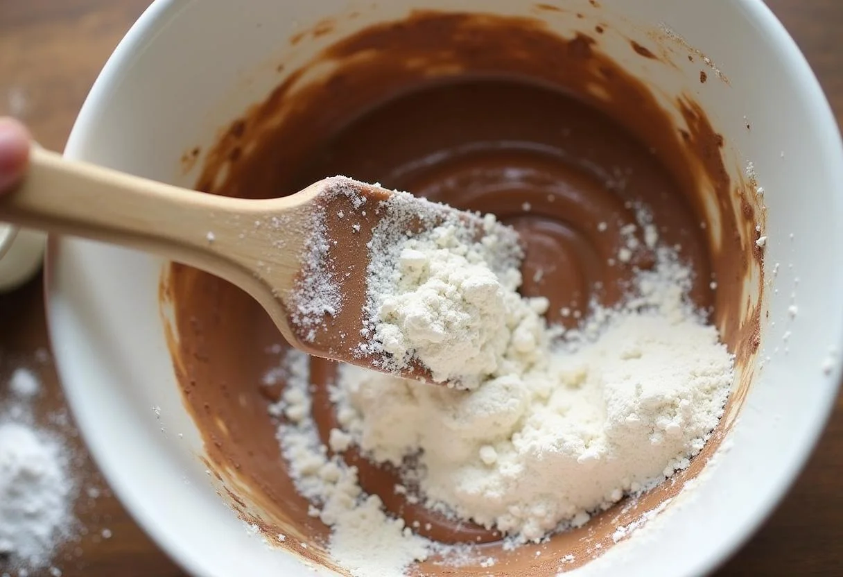 Teig für Schoko Bananen Muffins wird gemischt für ein einfaches Rezept.