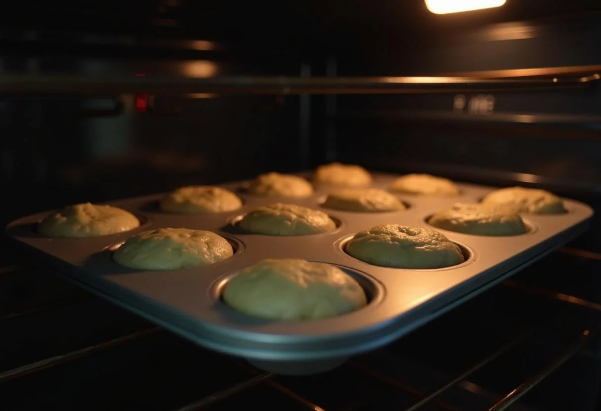 Muffintray mit Schoko Bananen Teig wird in den Ofen geschoben.