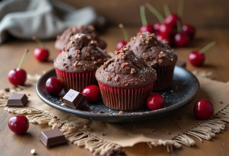 Fertige Schoko Kirsch Muffins auf einem Teller serviert, ideal für eine köstliche Leckerei.