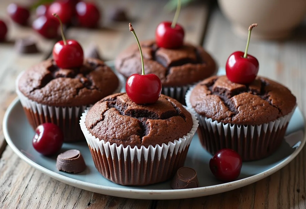 Fertige Schoko Kirsch Muffins auf einem Teller serviert, ideal für eine köstliche Leckerei.