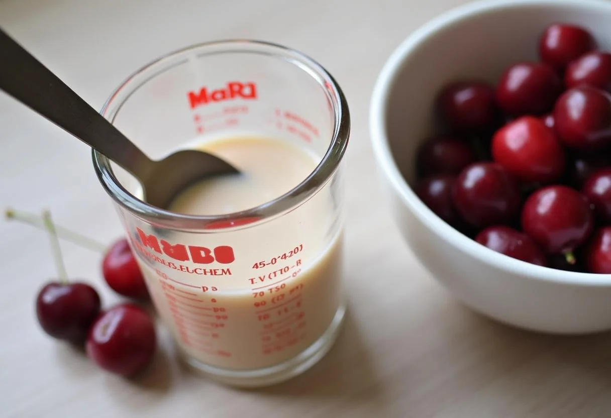 Vorbereitung der feuchten Zutaten für Schoko Kirsch Muffins mit Mandeldrink und Kirschen.