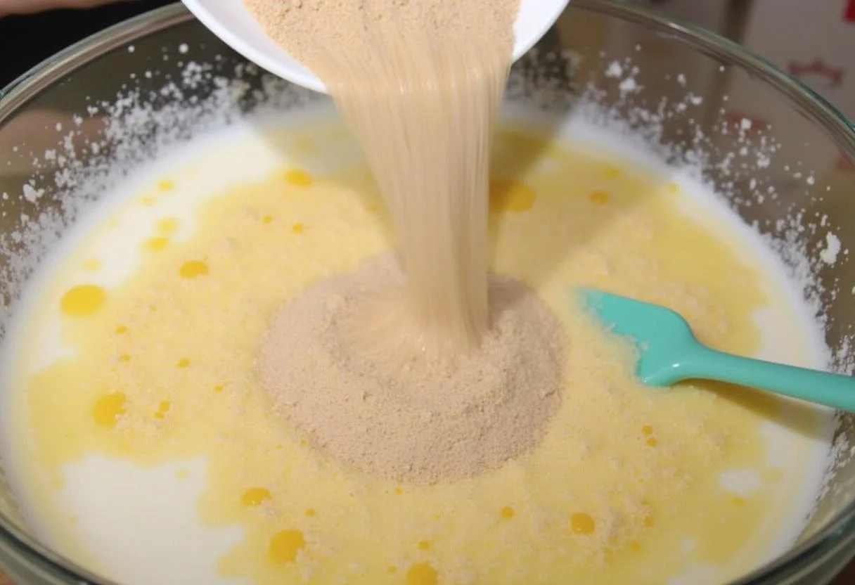 Trockene Zutaten werden mit feuchten Zutaten vermischt für den Schoko Kirsch Kuchen.