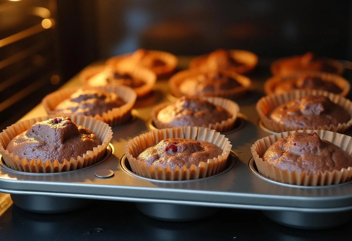 Muffinblech mit Schoko Kirsch Muffinteig bereit zum Backen im Ofen.
