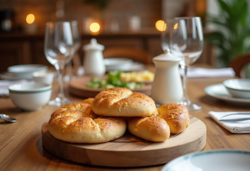 Einladender Tisch mit Brot und Salz als Symbol der Gastfreundschaft für einen Einzug.