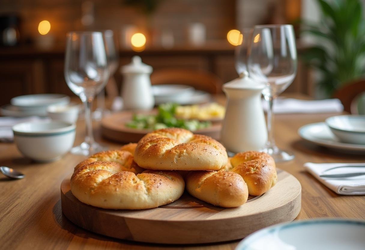 Einladender Tisch mit Brot und Salz als Symbol der Gastfreundschaft für einen Einzug.