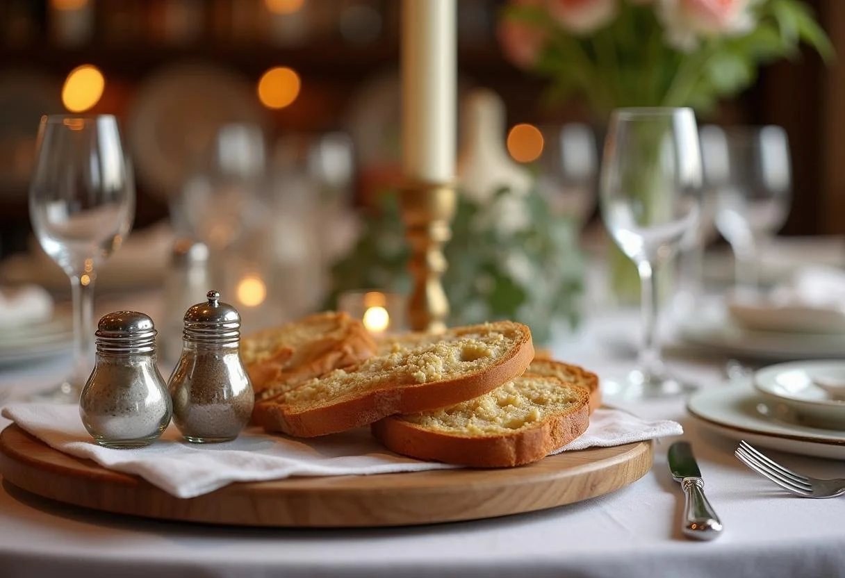 Einladender Tisch mit Brot und Salz als Symbol der Gastfreundschaft für einen Einzug.
