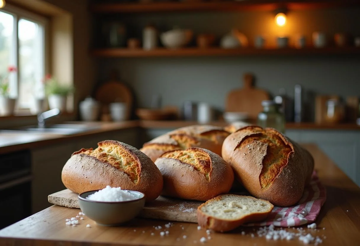 Frisch gebackenes Brot und Salz im gemütlichen Küchenambiente für spruch für brot und salz zum einzug.