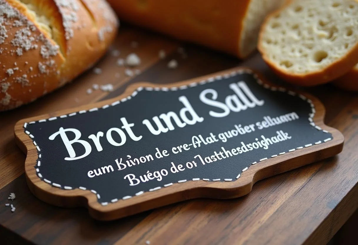 Ein schöner Spruch über Brot und Salz für den Einzug auf einer Holztafel.