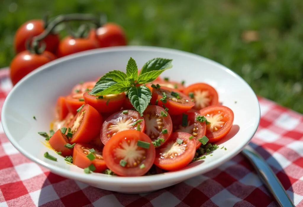 Farbenfroher und erfrischender Gurken Tomaten Salat, ideal für den Sommer.