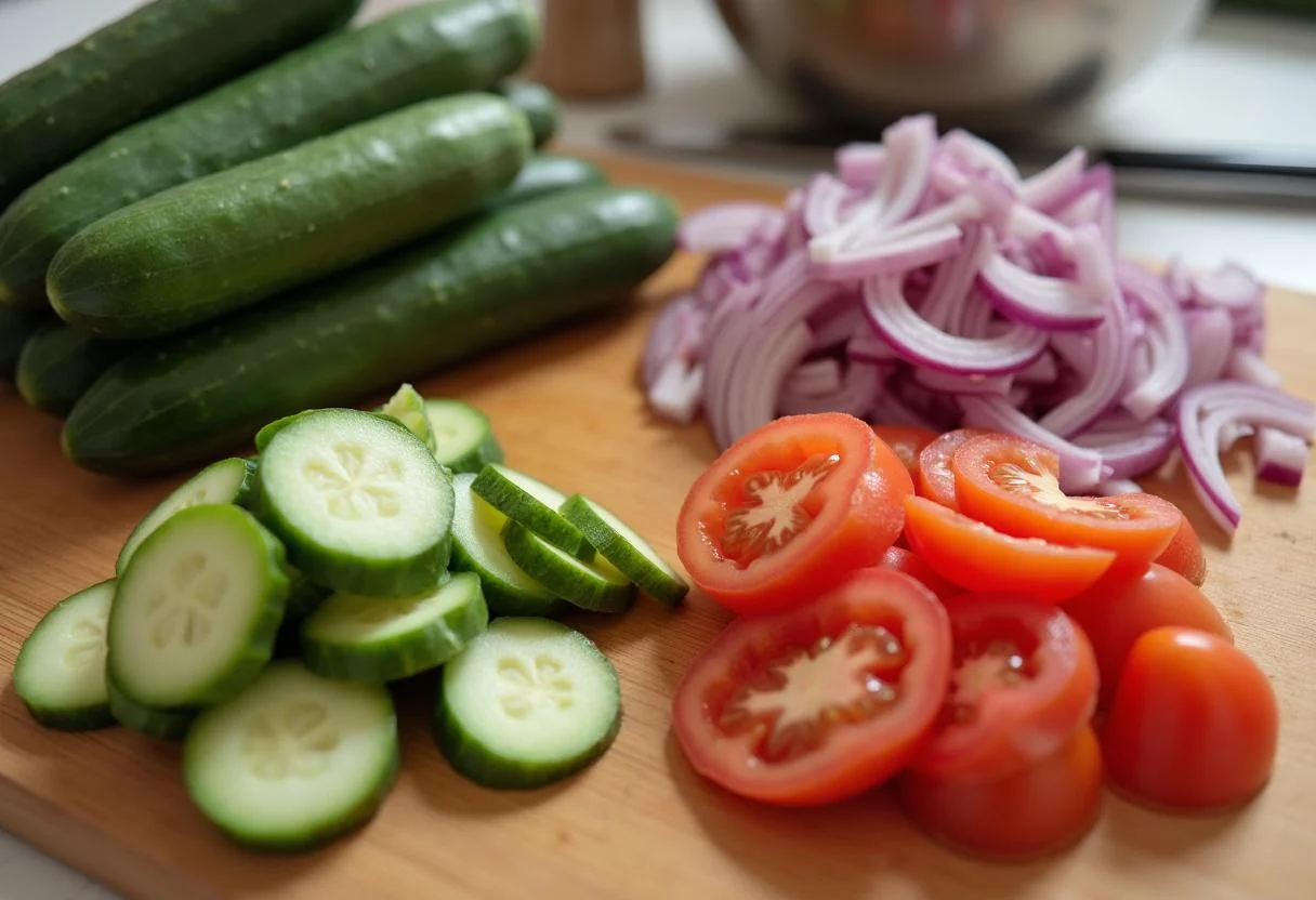 Frisch geschnittene Gurken, Tomaten und Zwiebeln für Gurken Tomaten Salat vorbereitet.
