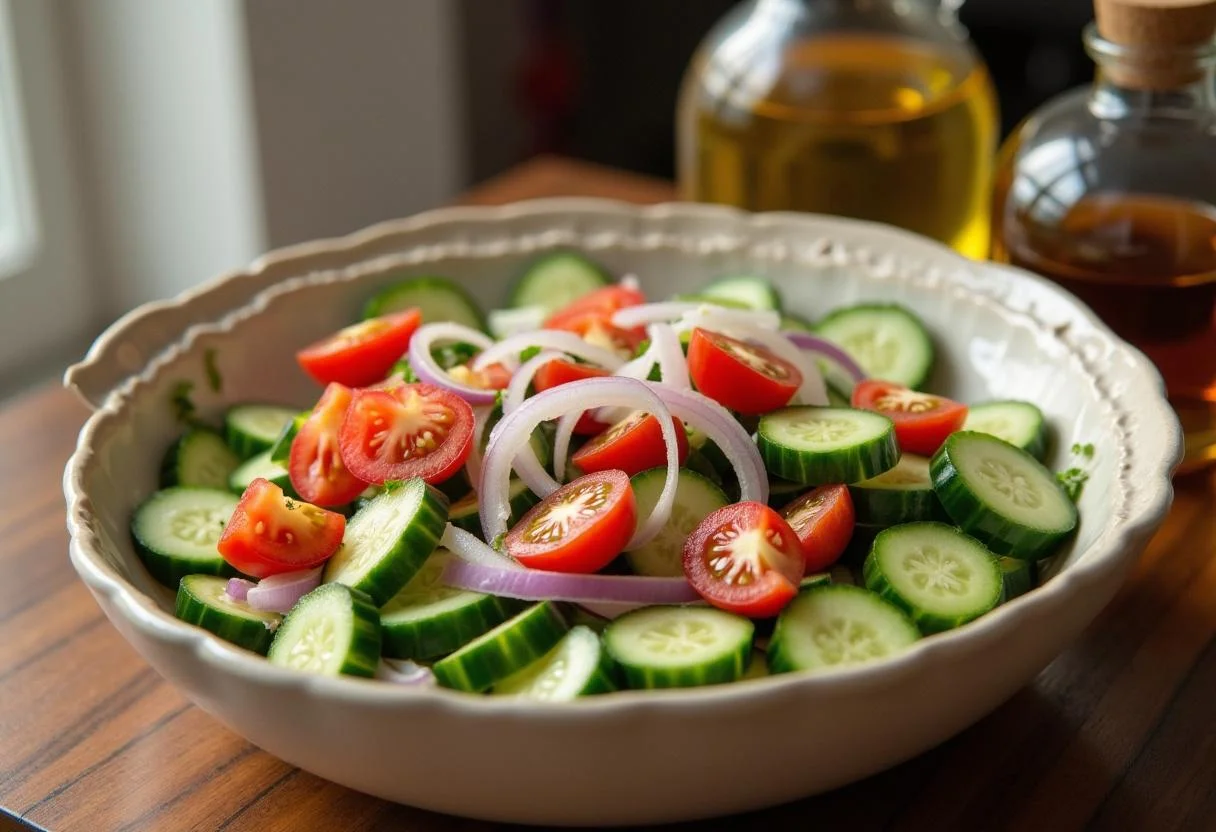 Zutaten für Gurken mit Tomaten Salat in einer großen Schüssel, bereit für das Dressing.