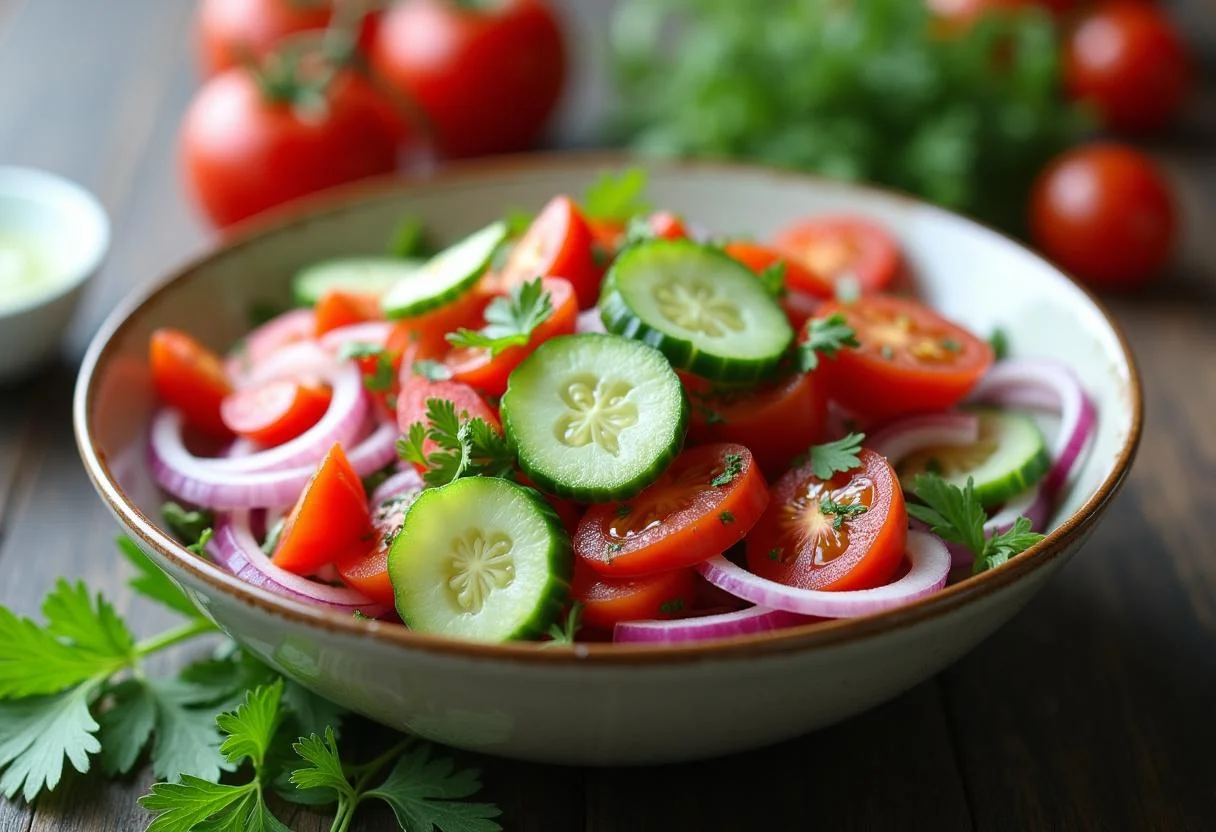 Serviergericht wird mit Sommerlichem Gurken Tomaten Salat gefüllt.