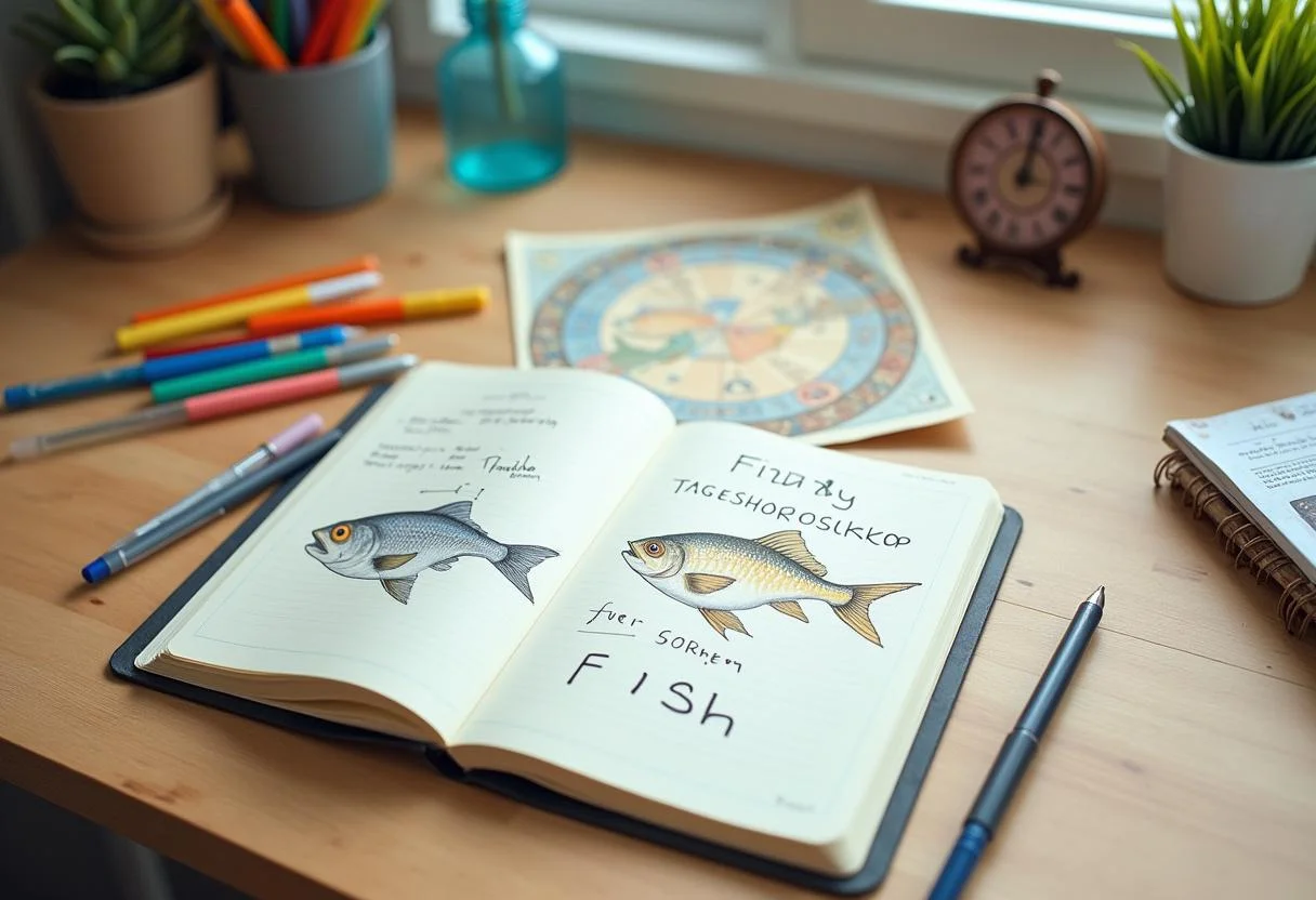 Arbeitsplatz mit Astrologie-Horoskop für das Sternzeichen Fische und Notizen für horoskop für morgen fische.