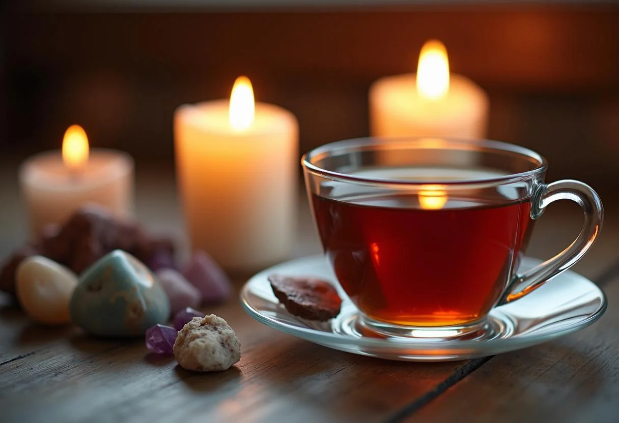 Gemütliche Atmosphäre mit Teetasse und Kristallen, während das horoskop für fische für morgen gelesen wird.