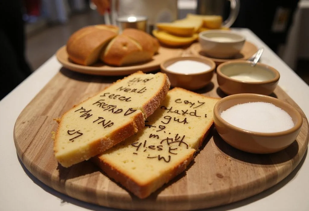 Fertig gestellter Tisch mit Brot und Salz, verziert mit Sprüchen für den Einzug.