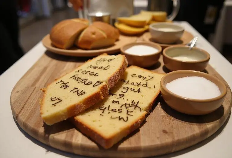 Fertig gestellter Tisch mit Brot und Salz, verziert mit Sprüchen für den Einzug.