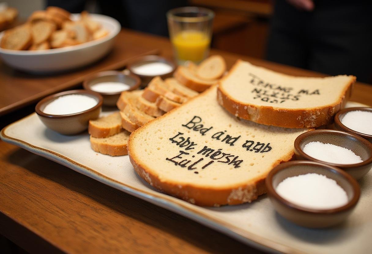 Fertig gestellter Tisch mit Brot und Salz, verziert mit Sprüchen für den Einzug.