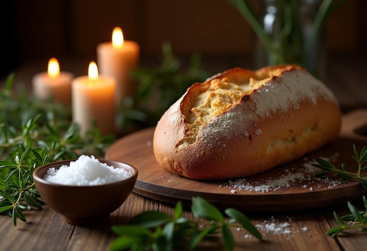 Traditionelle Sprüche zu Brot und Salz, a beautifully arranged display with bread and salt for Einzug celebrations.