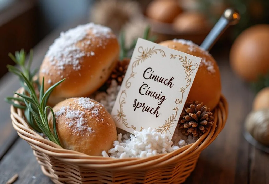 Ein traditionelles Salz und Brot Geschenk mit einem Einzug spruch in einem dekorativen Geschenkkorb.