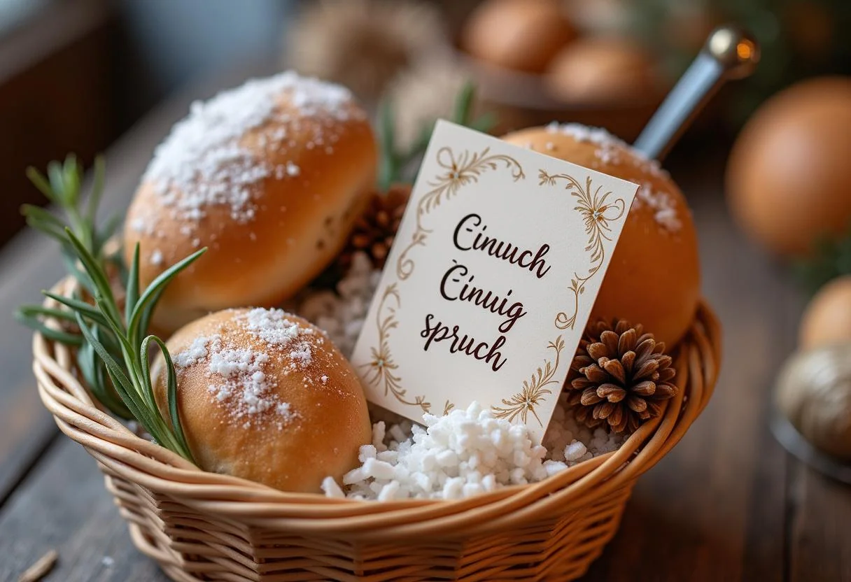 Ein traditionelles Salz und Brot Geschenk mit einem Einzug spruch in einem dekorativen Geschenkkorb.