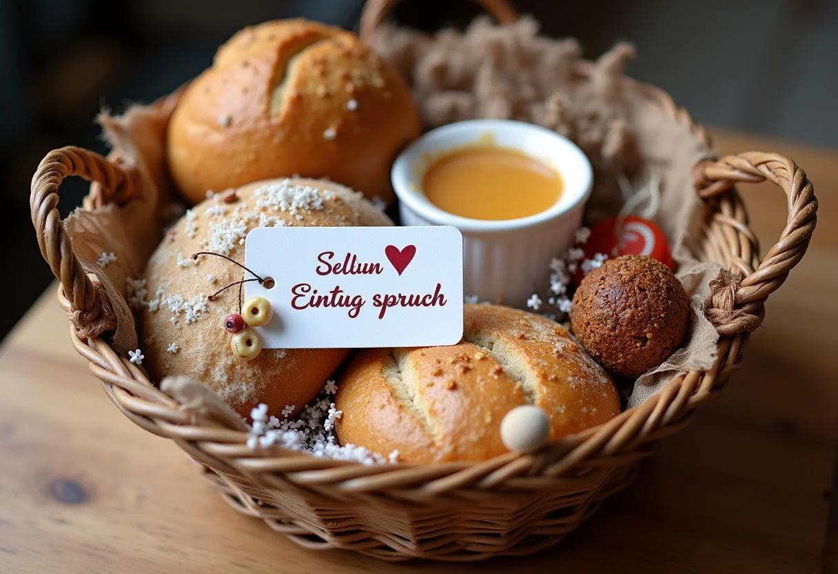 Ein traditionelles Salz und Brot Geschenk mit einem Einzug spruch in einem dekorativen Geschenkkorb.