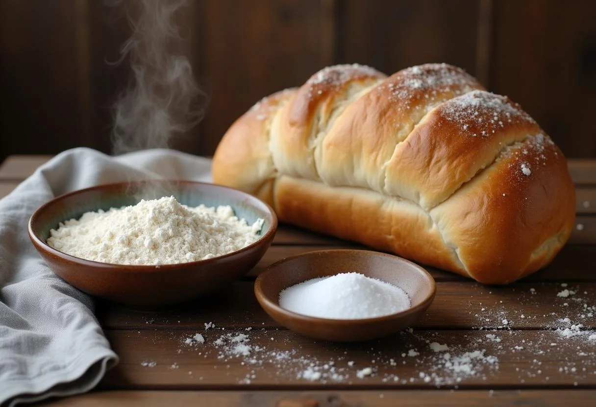 Zutaten für salz und brot zum einzug spruch: Mehl, Salz und frisch gebackenes Brot auf einem rustikalen Tisch.