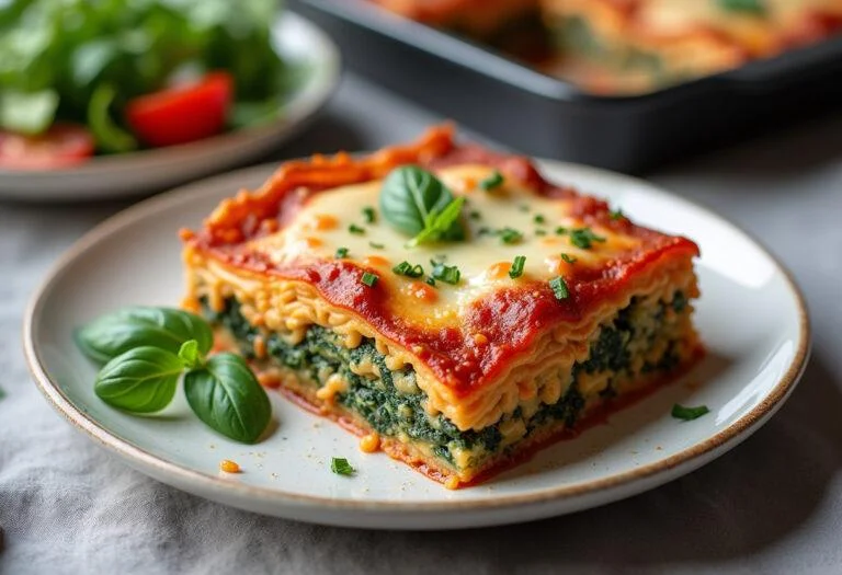 Finished vegetarische Lasagne mit Spinat und Ricotta, perfectly baked and ready to enjoy.