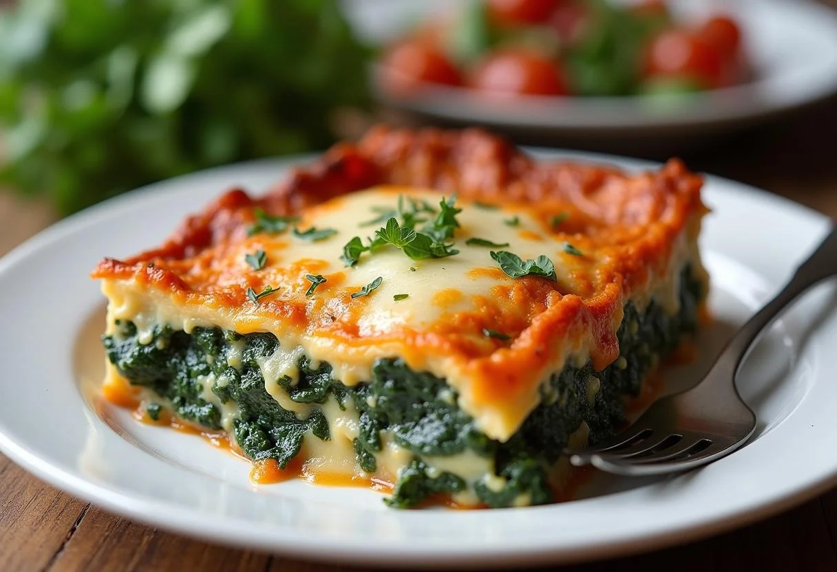 Fertige vegetarische Lasagne mit Spinat und Ricotta, perfekt gebacken und bereit zum Genießen.