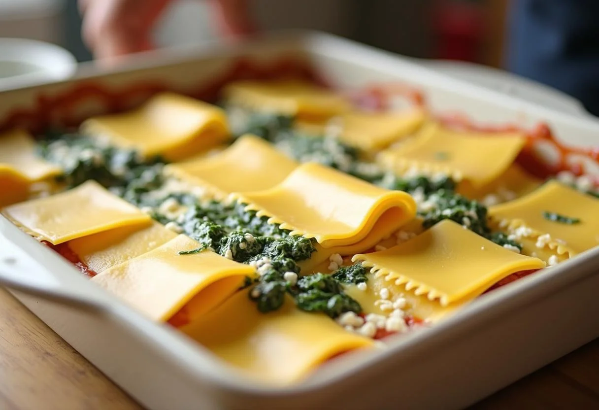 Schichten von Lasagneplatten mit Spinat- und Ricotta-Füllung für vegetarische Lasagne mit Spinat und Ricotta.