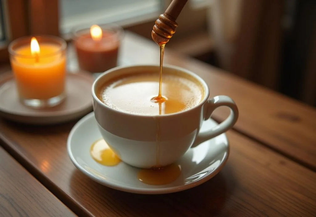 Fertige warme Milch mit Honig in einer Tasse, ideal für die Linderung von Erkältungsbeschwerden.