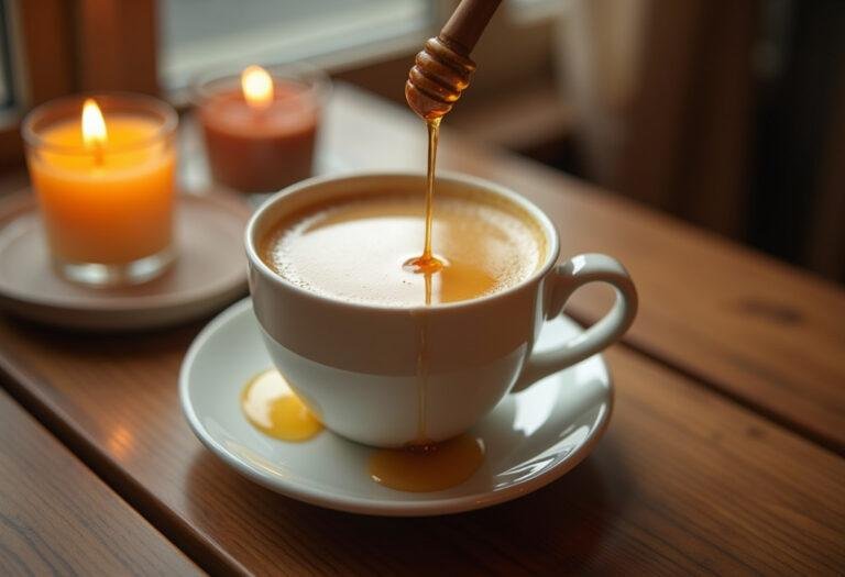 Fertige warme Milch mit Honig in einer Tasse, ideal für die Linderung von Erkältungsbeschwerden.