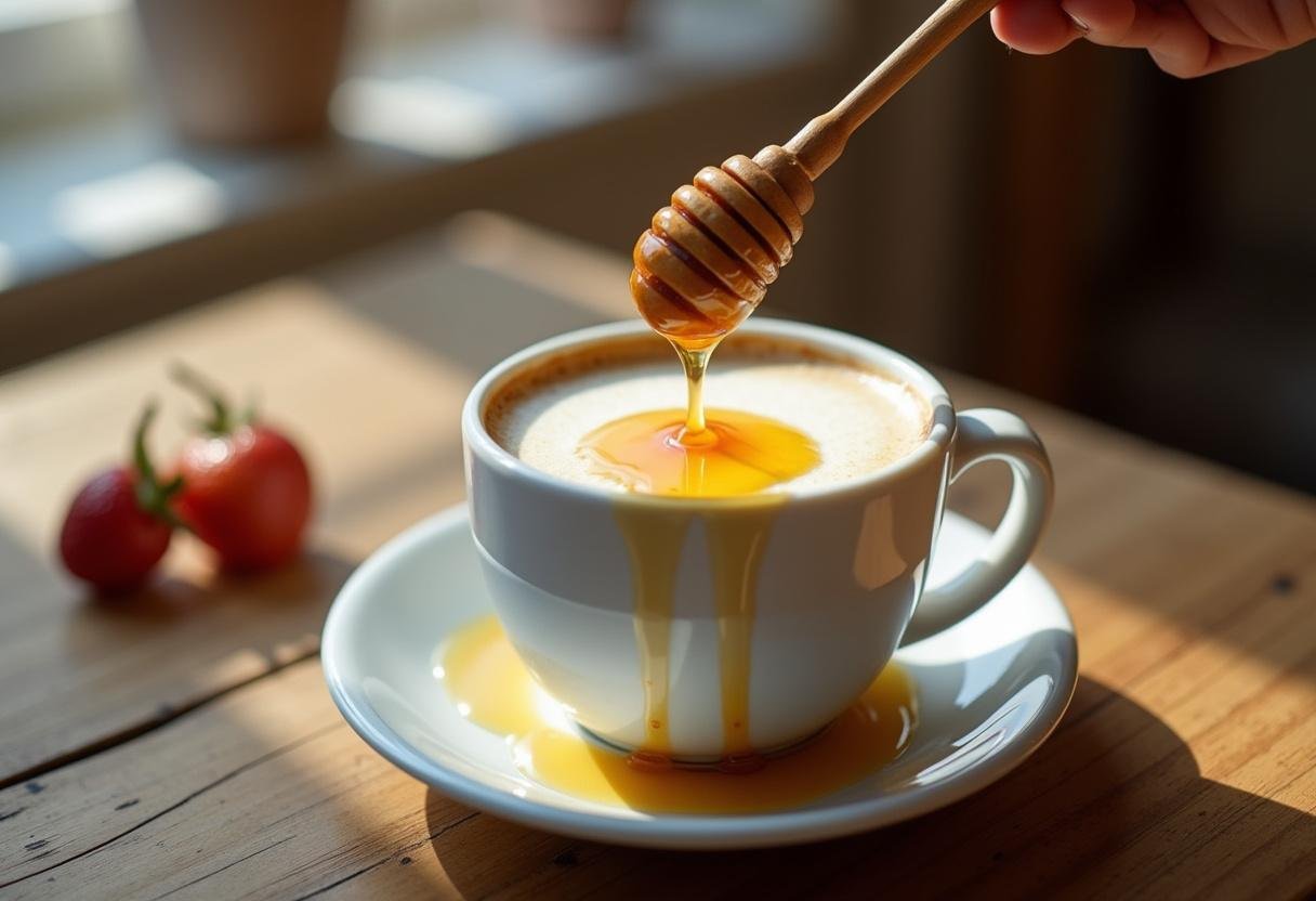 Fertige warme Milch mit Honig in einer Tasse, ideal für die Linderung von Erkältungsbeschwerden.