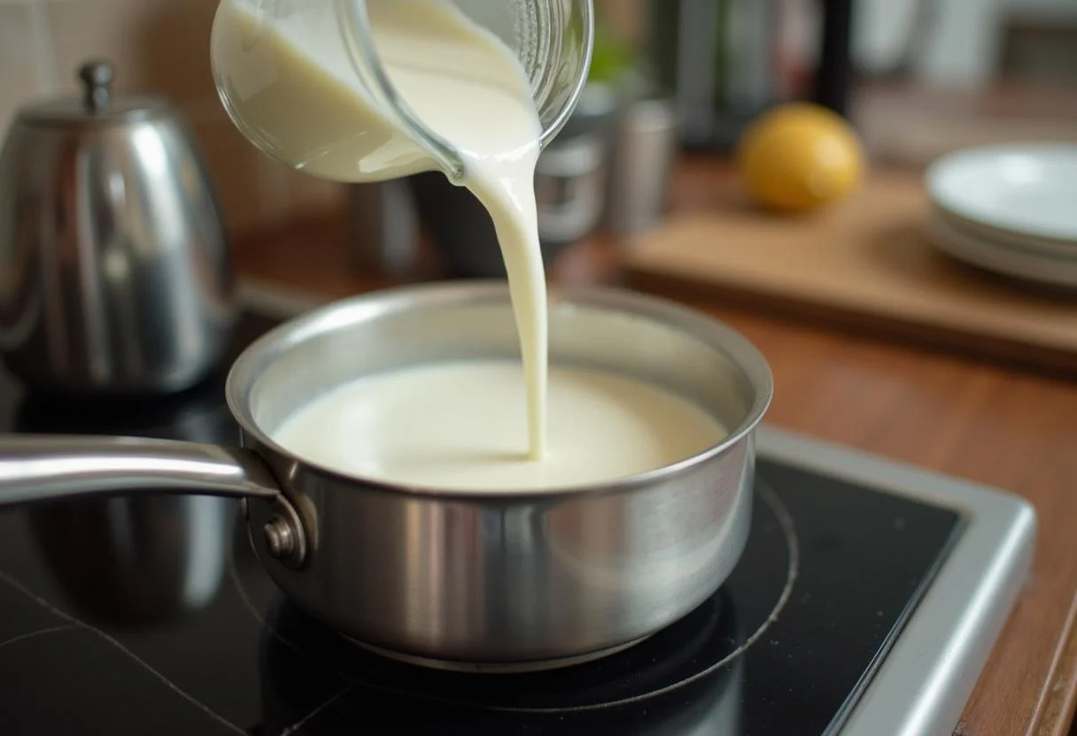 Zubereitung von warmer Milch mit Honig in einem Topf auf dem Herd.