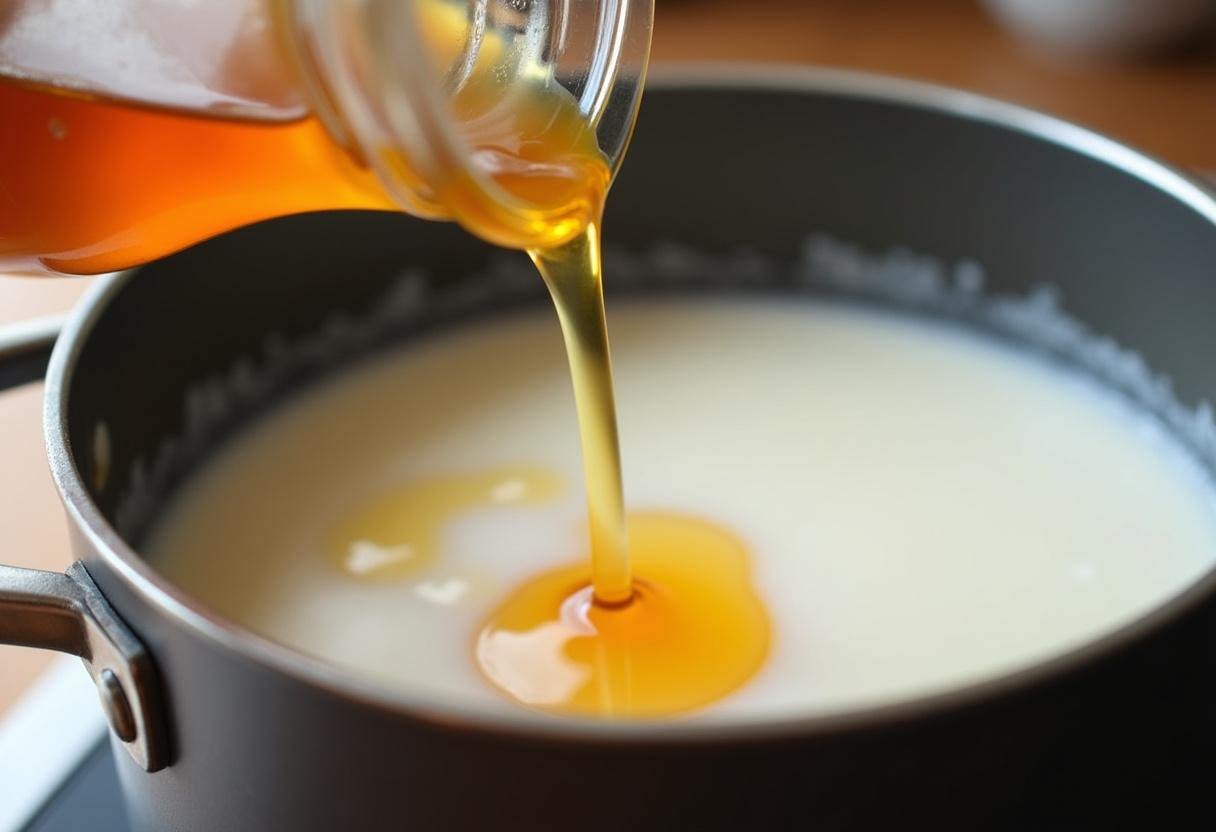 Honig wird in die heiße Milch für das Hausmittel gegen Erkältung hinzugefügt.