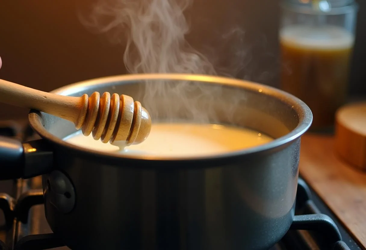 Umrühren von warmer Milch mit Honig in einem Topf zur Bekämpfung von Erkältungssymptomen.
