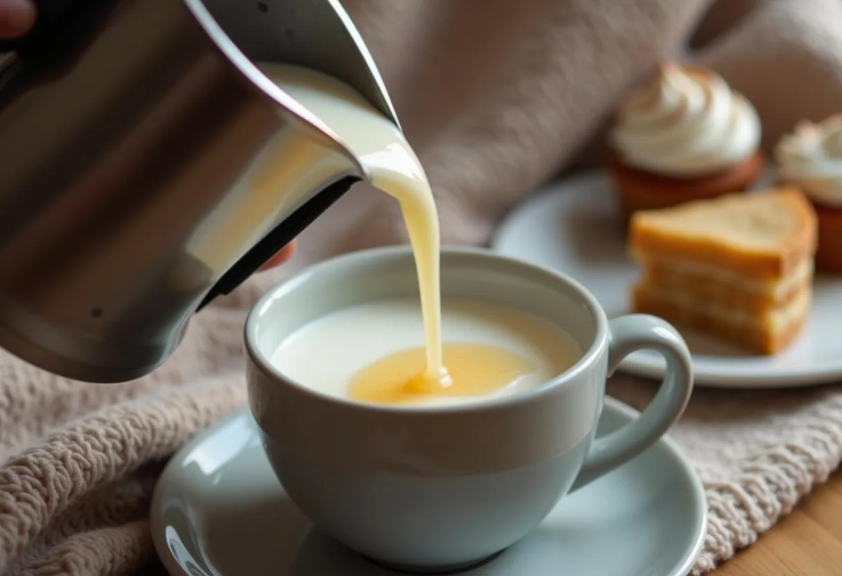 Servieren von heißer Milch mit Honig in einer Tasse als Hausmittel gegen Erkältung.