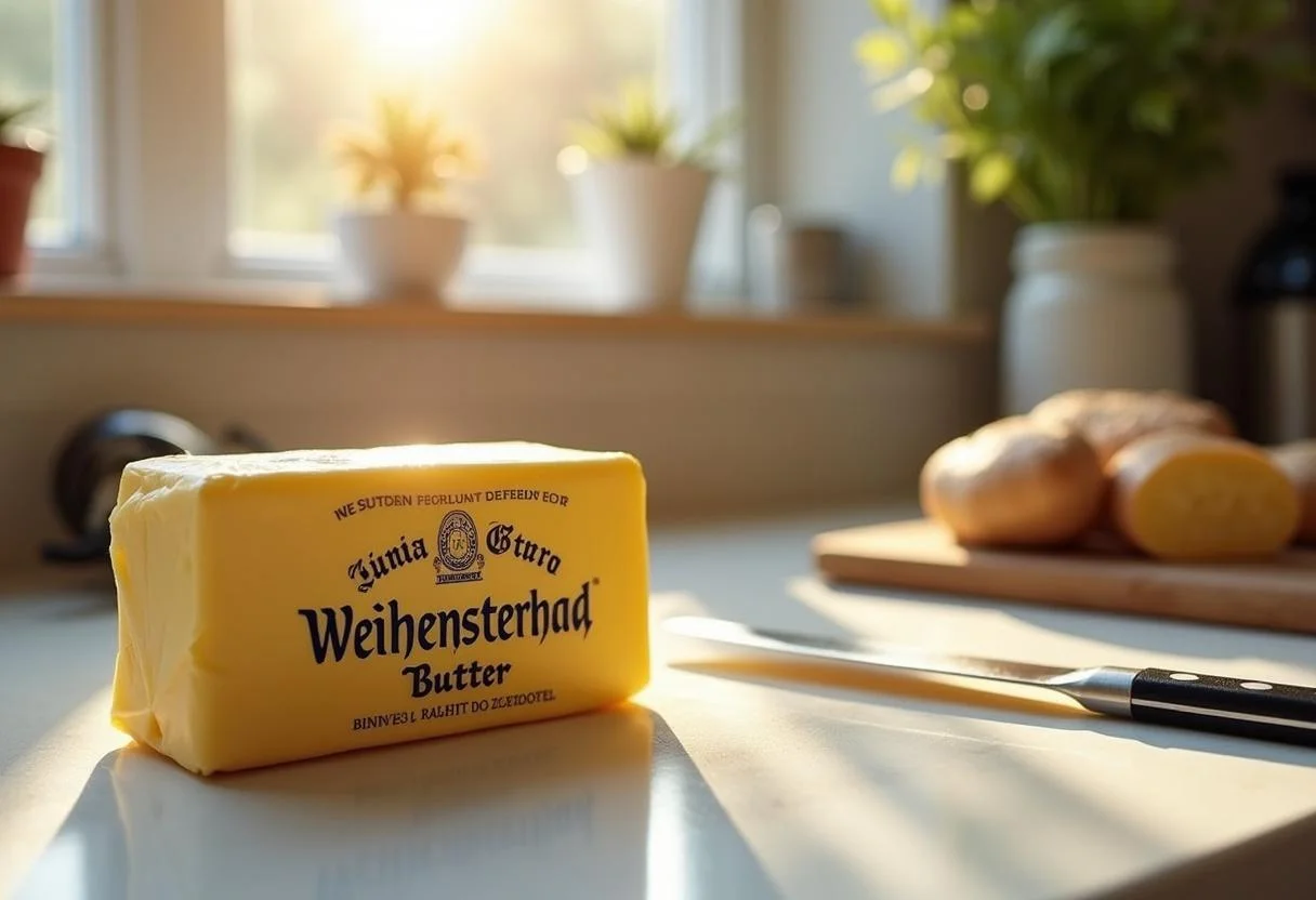 Weihenstephan Butter on a cutting board, perfect for spreading.