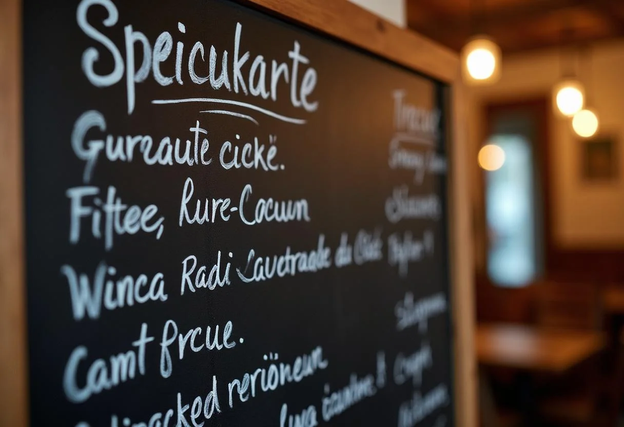 Chalkboard menu highlighting the Speisekarte at restaurant die Traube Vallendar, showcasing delicious culinary options.