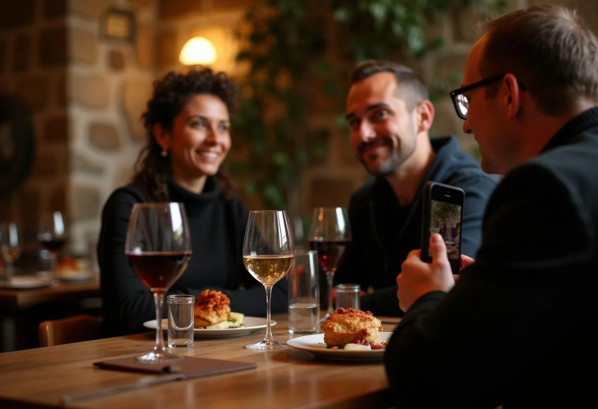 Guests enjoying wine and discussing the specials at restaurant Traube Vallendar, immersed in a charming atmosphere.