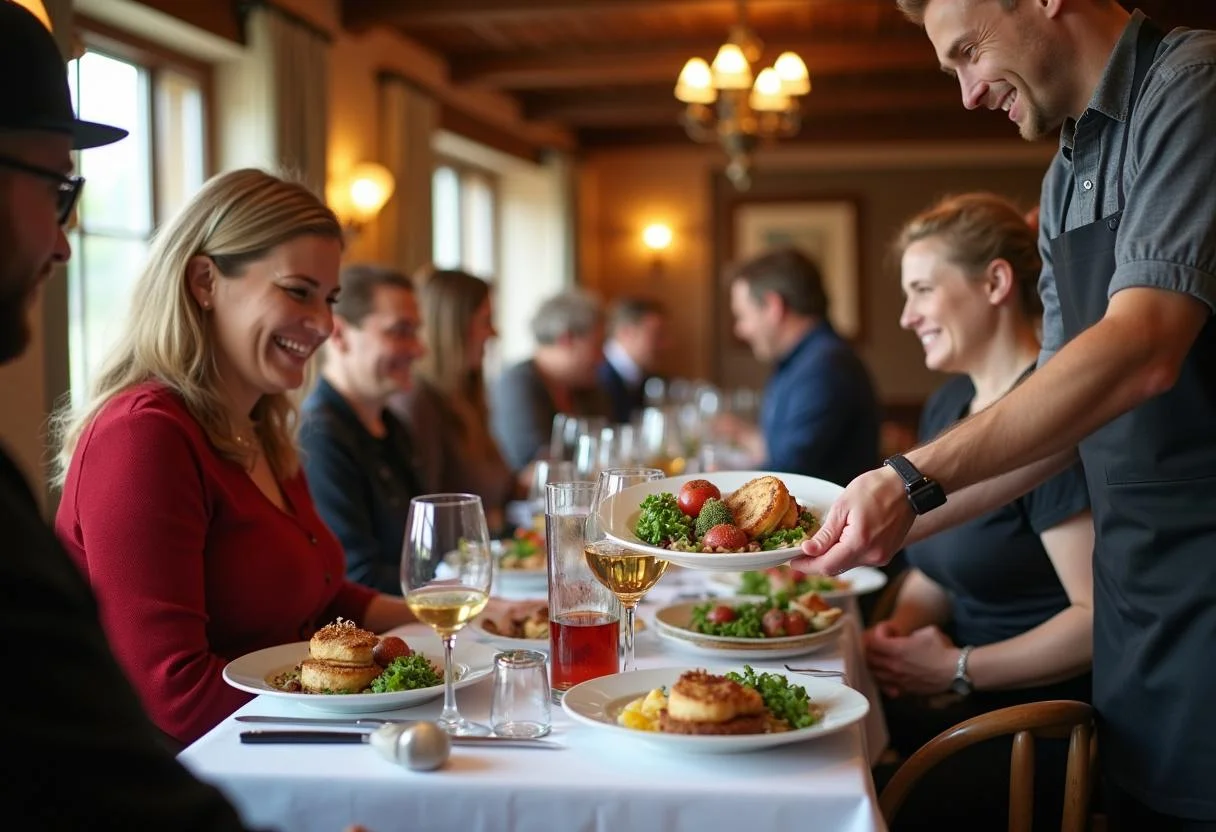 Waiter serving a gourmet dish at Traube Vallendar restaurant, highlighting exceptional service and culinary artistry.