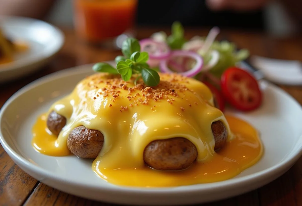 Servierter Raclette Käse mit geschmolzenem Käse über Kartoffeln, ideal für Raclette-Mahlzeit.