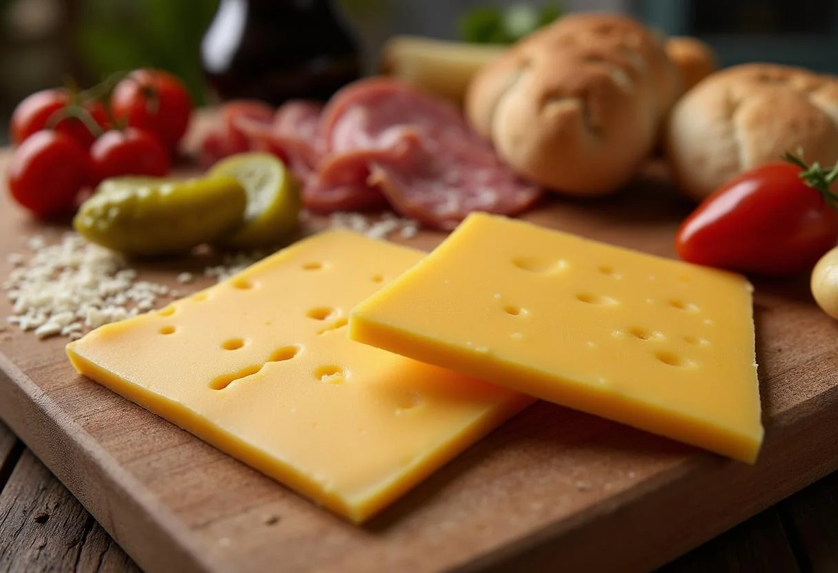 Geschnittene Raclette Käse auf einem Schneidebrett mit Beilagen für Raclette vorbereitet.