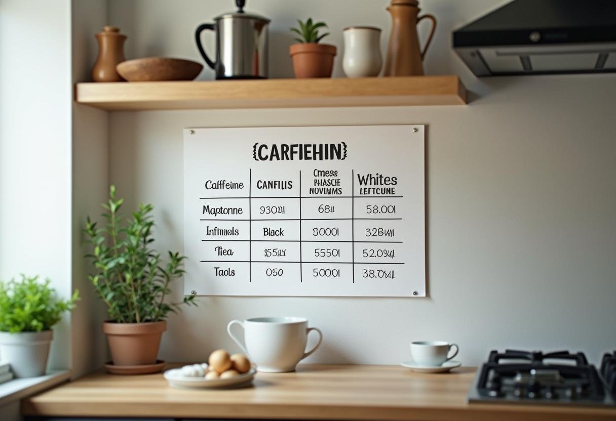 Infografik über den Koffeingehalt von schwarzem Tee und anderen Teesorten in einer Küche.